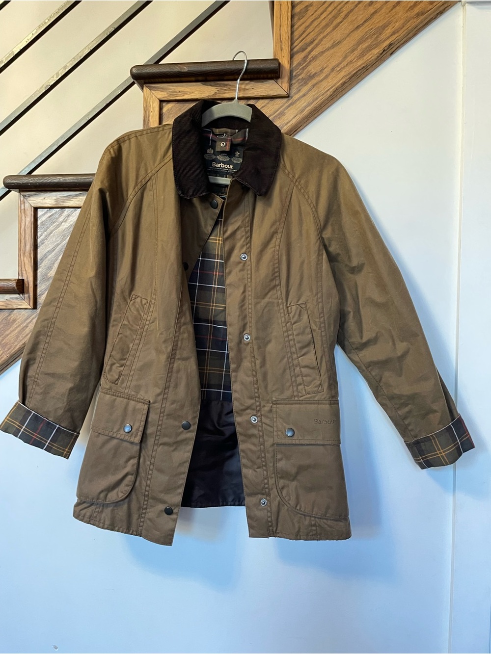 Barbour Brown Waxed Cotton Field Jacket with Corduroy Collar UK 8/ EURO 34/ US 4
